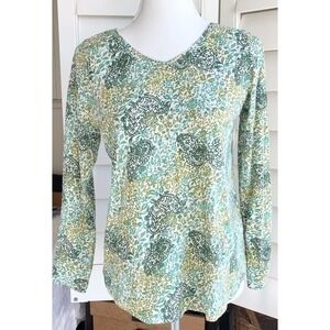 J Jill Women S Petite Top Long Sleeve Floral Casual Paisley V Neck Cotton Green‎